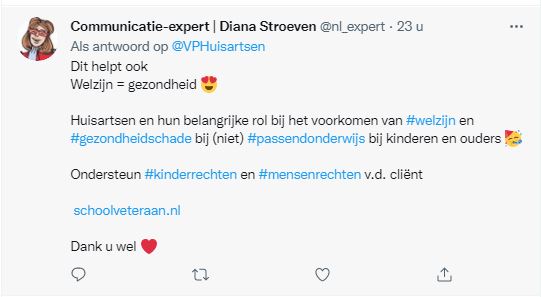 Communicatie-expert Diana Stroeven vraagt via Twitter bij huisartsen aandacht voor het onrecht in het niet passende onderwijs.